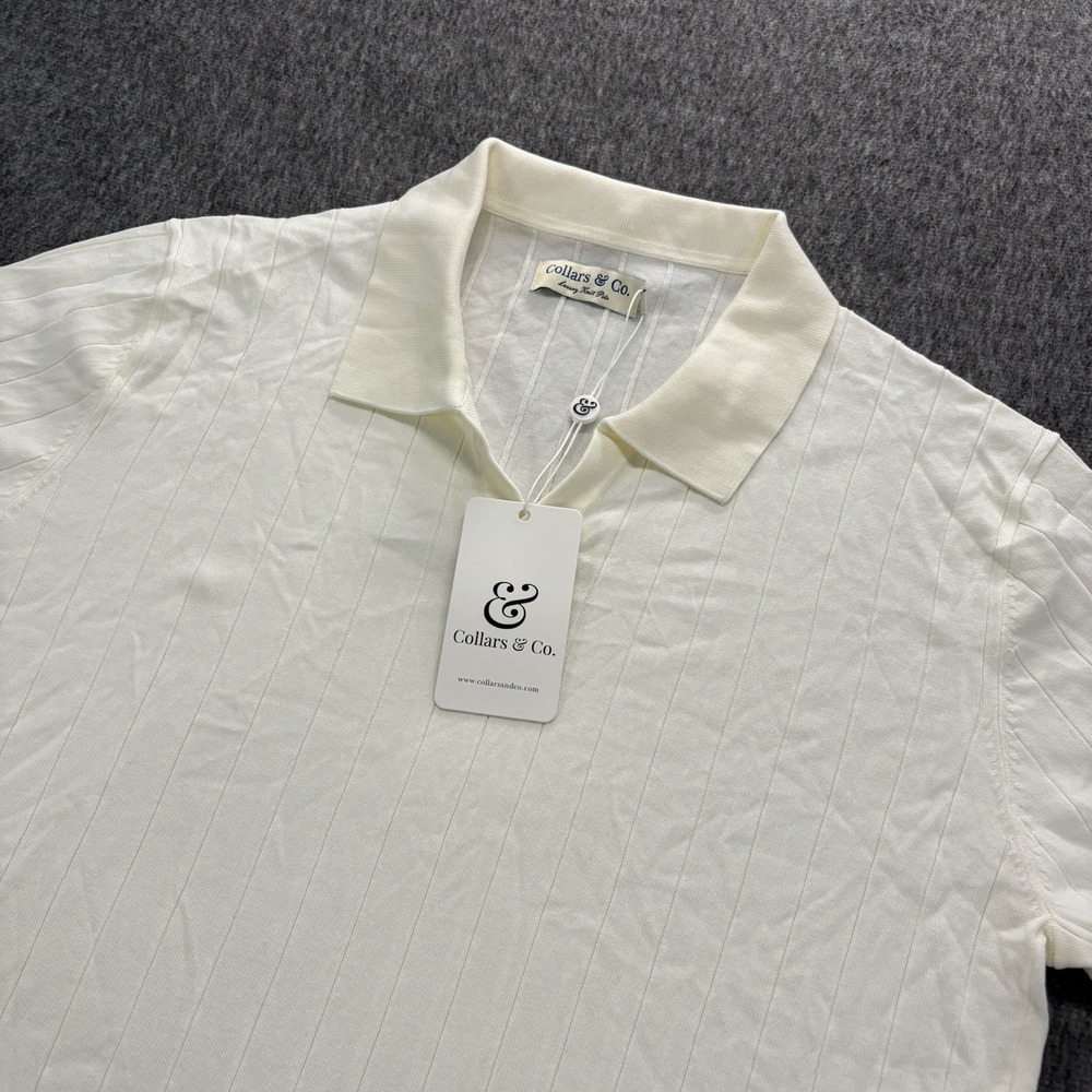 Collars & Co Polo Shirt Mens Ivory Luxury Knit Ribbed Tencel Silk Blend Large
